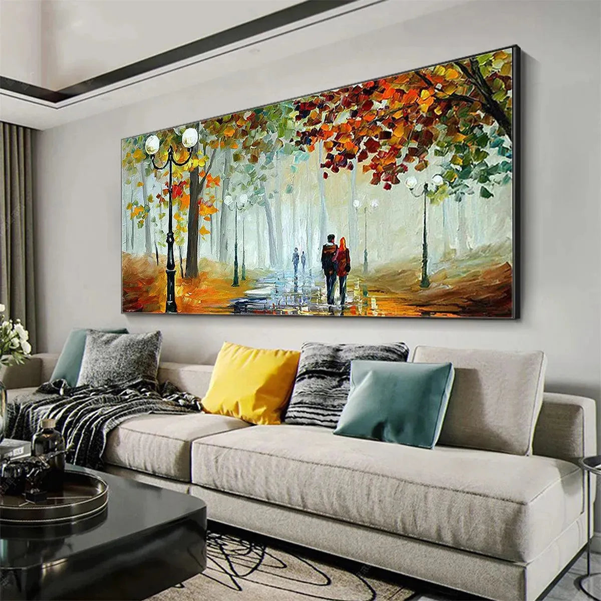 Autumn Park Stroll hand-painted burnt orange, golden yellow and crimson textured park landscape painting rolled canvas option