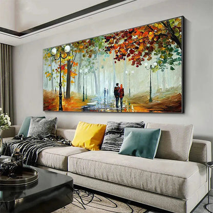 Autumn Park Stroll hand-painted burnt orange, golden yellow and crimson textured park landscape painting rolled canvas option