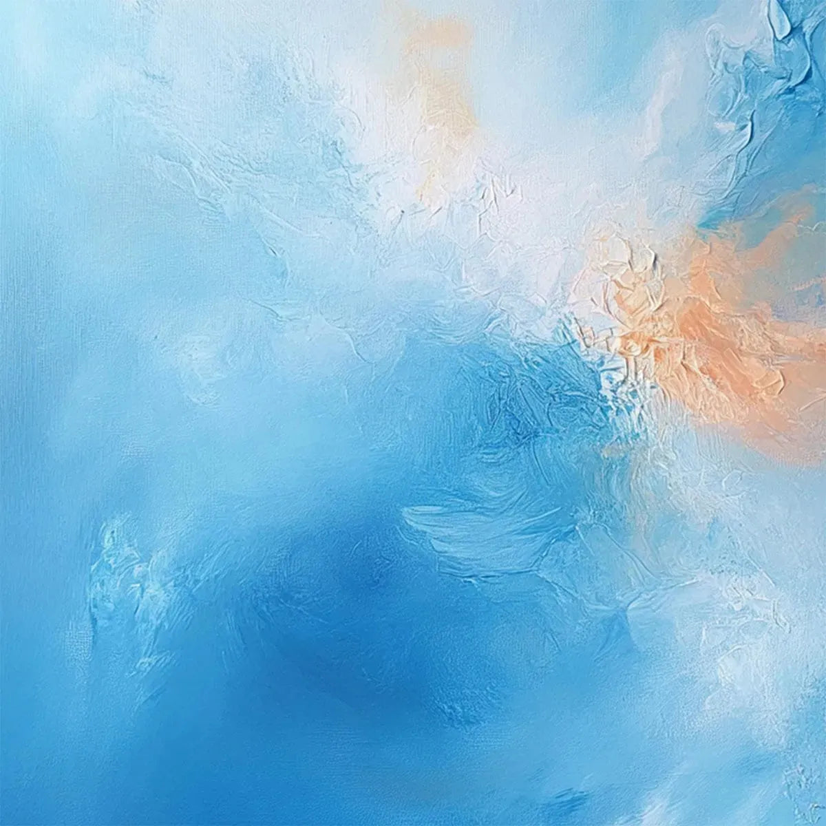 Skyscape Serenity hand-painted ocean blue and peach textured coastal abstract painting shown with silver frame