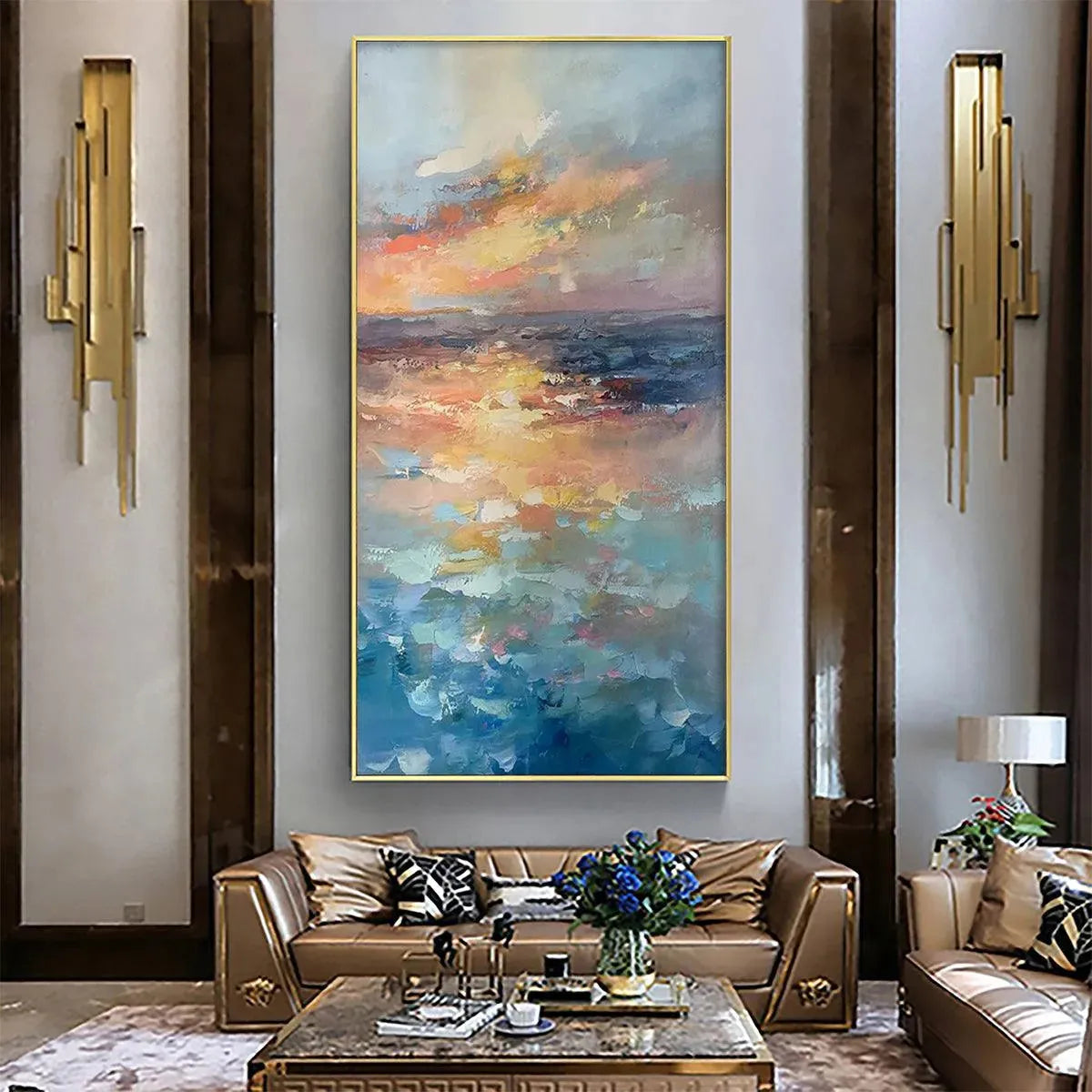 Golden Hour Seascape hand-painted gold, orange and pink textured sunset seascape painting shown with gold frame