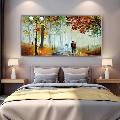 Autumn Park Stroll hand-painted burnt orange, golden yellow and crimson textured park landscape painting shown as stretched canvas