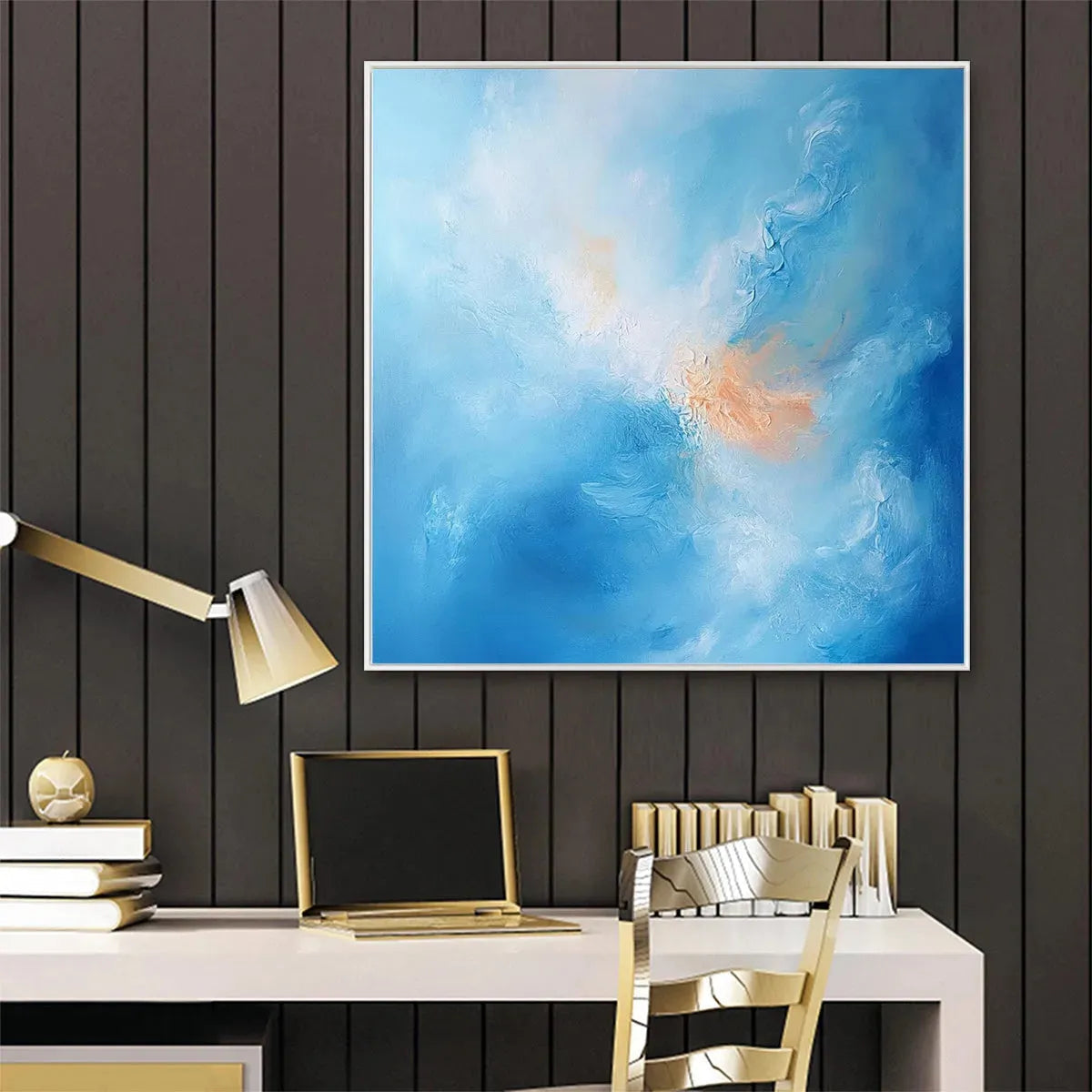 Skyscape Serenity hand-painted ocean blue and peach textured coastal abstract painting shown with white frame