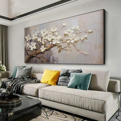 Grey and White Impressionist Floral Textured Painting – White Blossoms