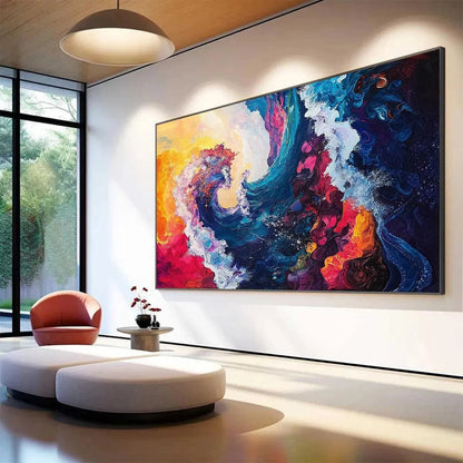 Chromatic Crest hand-painted ocean blue, ivory and soft neutral tones textured ocean wave painting shown with gold frame