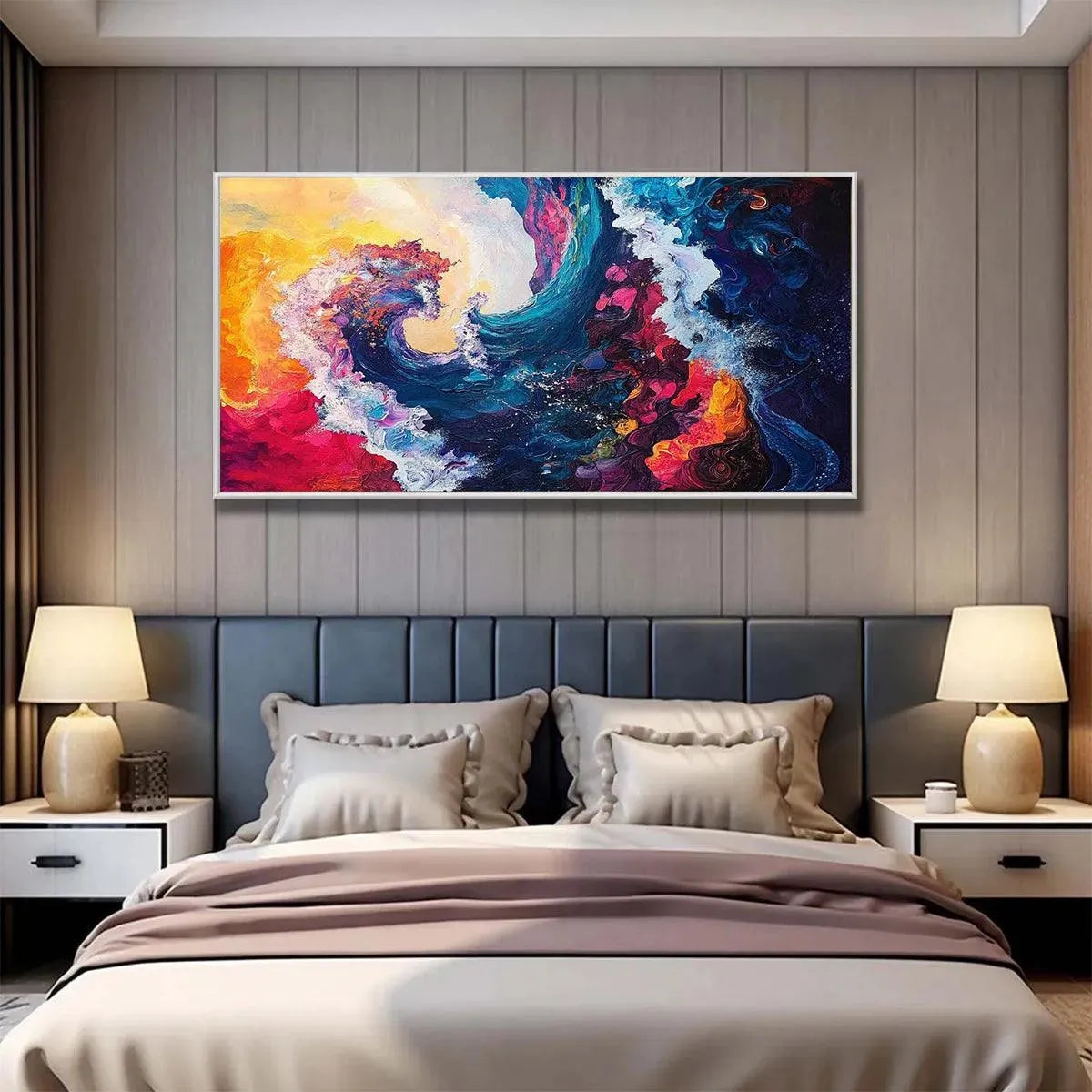 Chromatic Crest hand-painted ocean blue, ivory and soft neutral tones textured ocean wave painting shown with white frame