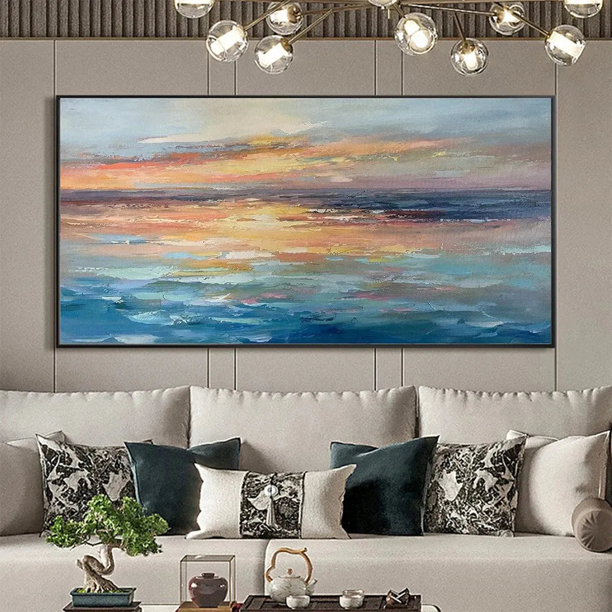 Serene Sunset hand-painted ocean blue, ivory and soft neutral tones textured sunset seascape painting shown as stretched canvas