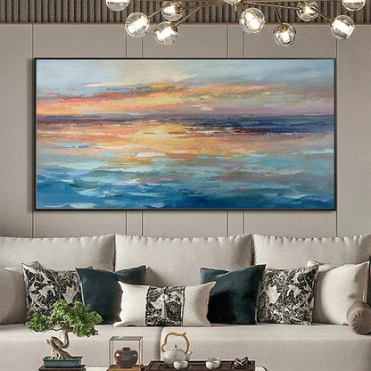 Serene Sunset hand-painted ocean blue, ivory and soft neutral tones textured sunset seascape painting shown as stretched canvas