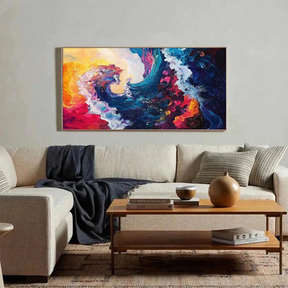 Chromatic Crest hand-painted ocean blue, ivory and soft neutral tones textured ocean wave painting shown with black frame