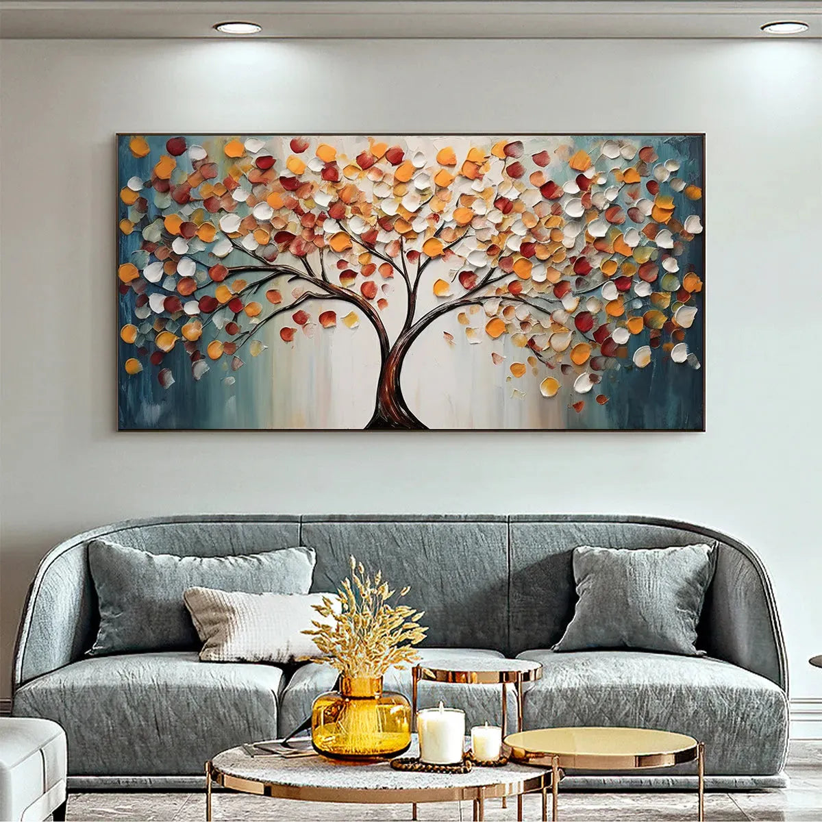 Golden Tree of Life hand-painted gold and ivory textured tree of life painting shown with white frame
