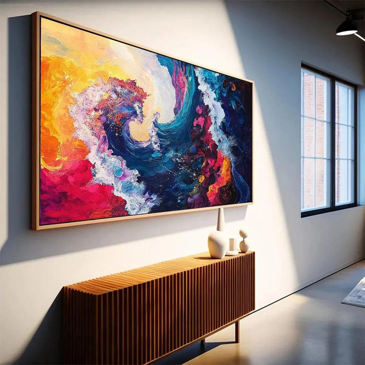 Chromatic Crest hand-painted ocean blue, ivory and soft neutral tones textured ocean wave painting shown with wood frame