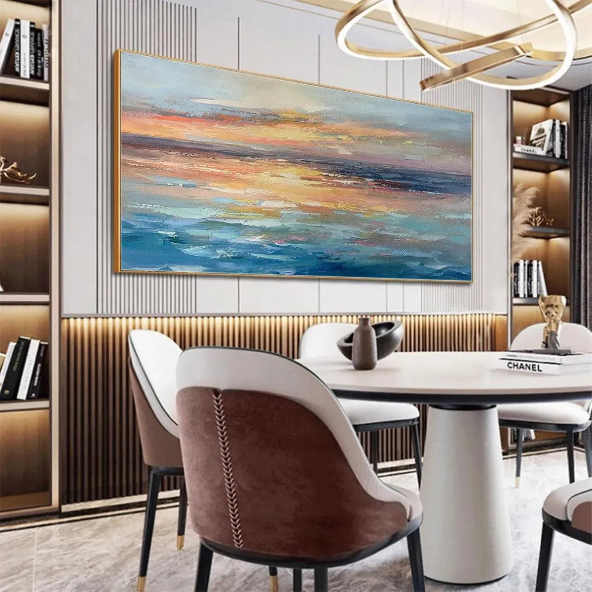 Serene Sunset hand-painted ocean blue, ivory and soft neutral tones textured sunset seascape painting shown with black frame