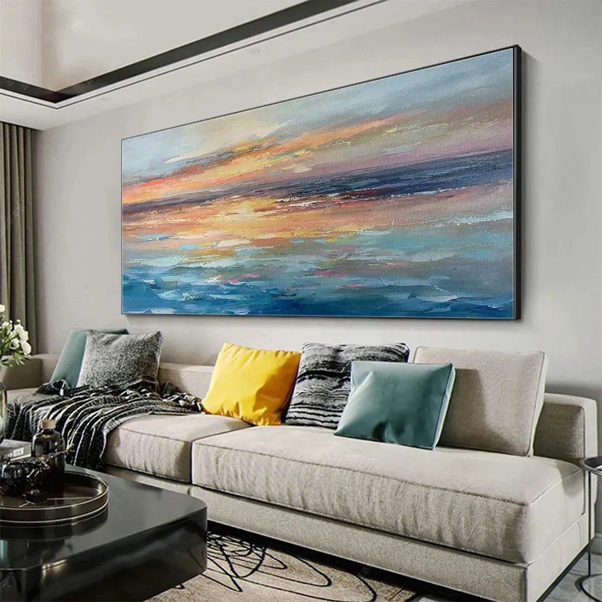 Serene Sunset hand-painted ocean blue, ivory and soft neutral tones textured sunset seascape painting rolled canvas option