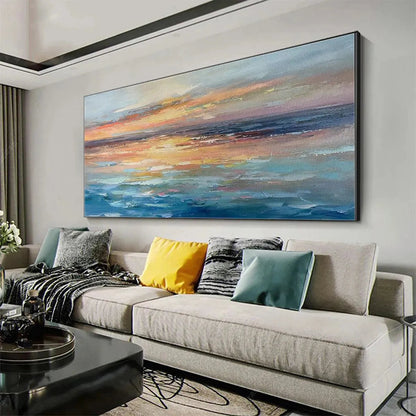Serene Sunset hand-painted ocean blue, ivory and soft neutral tones textured sunset seascape painting rolled canvas option