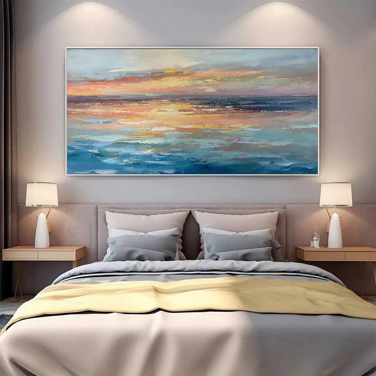 Serene Sunset hand-painted ocean blue, ivory and soft neutral tones textured sunset seascape painting shown as stretched canvas