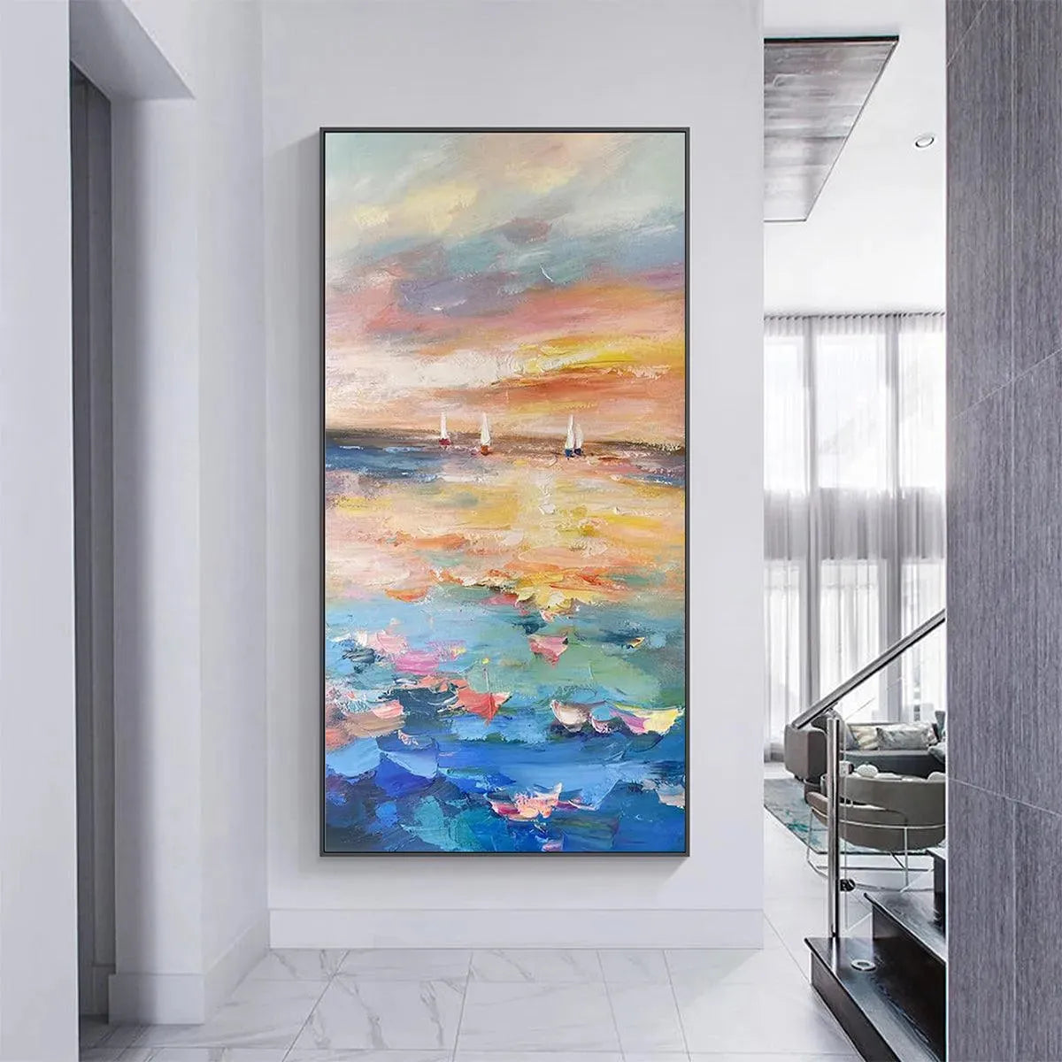 Sailing At Sunset hand-painted ocean blue, ivory and soft neutral tones textured sailboat seascape painting shown as stretched canvas