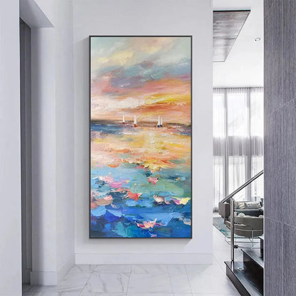 Sailing At Sunset hand-painted ocean blue, ivory and soft neutral tones textured sailboat seascape painting shown as stretched canvas