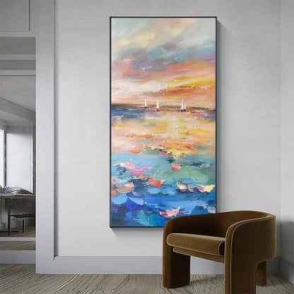 Sailing At Sunset hand-painted ocean blue, ivory and soft neutral tones textured sailboat seascape painting shown with white frame