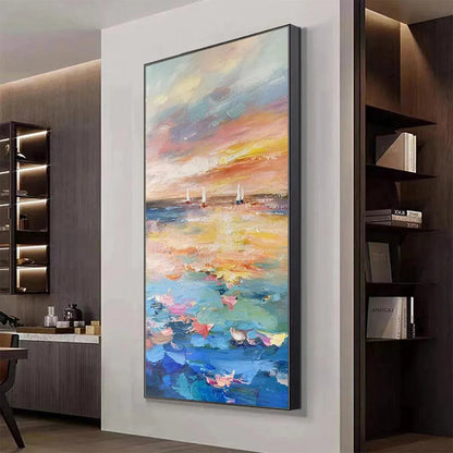 Sailing At Sunset hand-painted ocean blue, ivory and soft neutral tones textured sailboat seascape painting shown with black frame