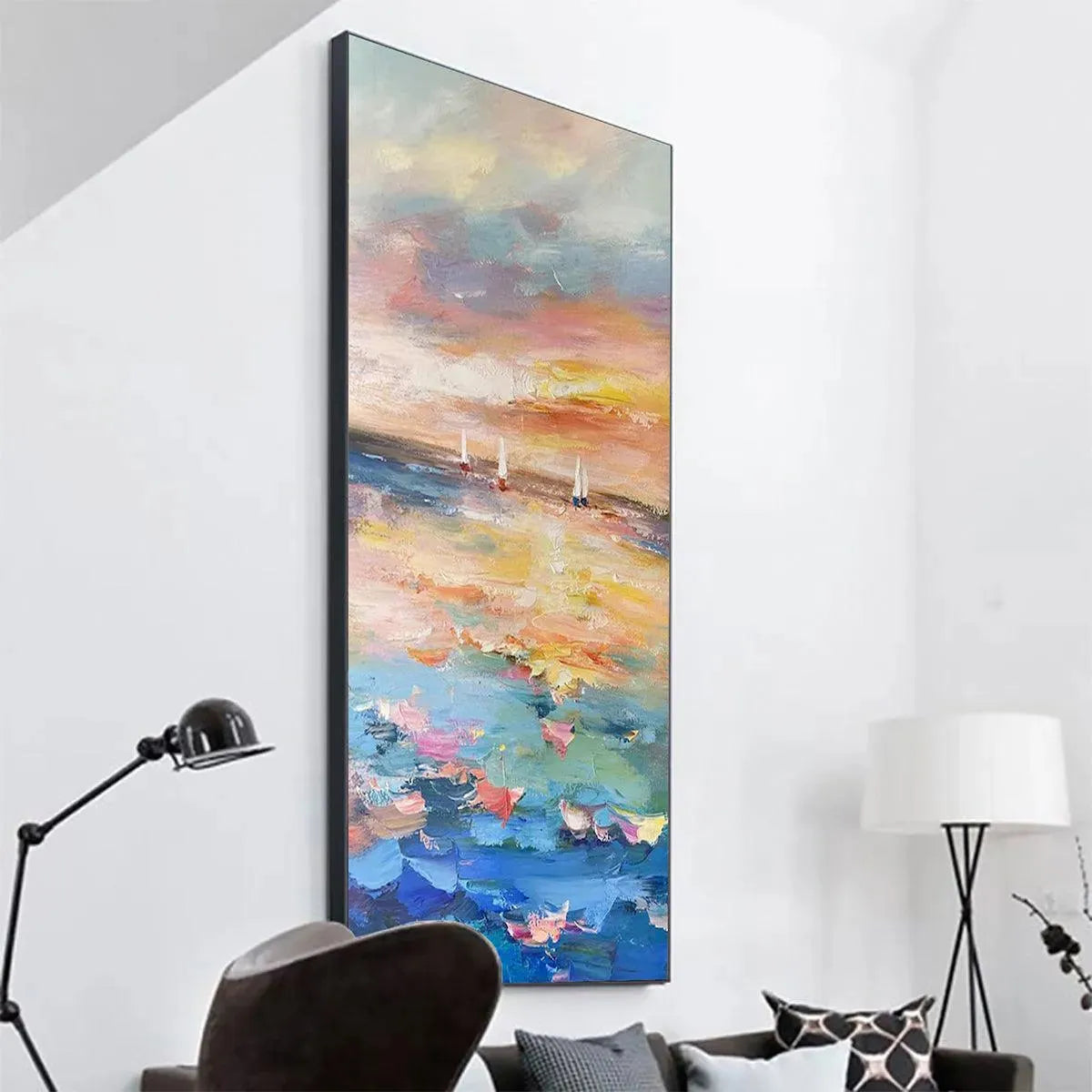 Sailing At Sunset hand-painted ocean blue, ivory and soft neutral tones textured sailboat seascape painting rolled canvas option