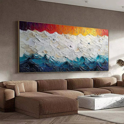 Stormy Skies hand-painted ocean blue, ivory and soft neutral tones textured seascape painting shown with gold frame