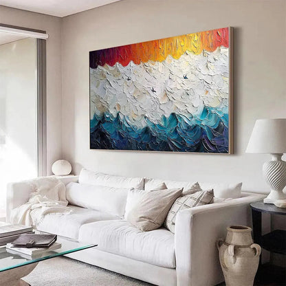 Stormy Skies hand-painted ocean blue, ivory and soft neutral tones textured seascape painting shown with white frame