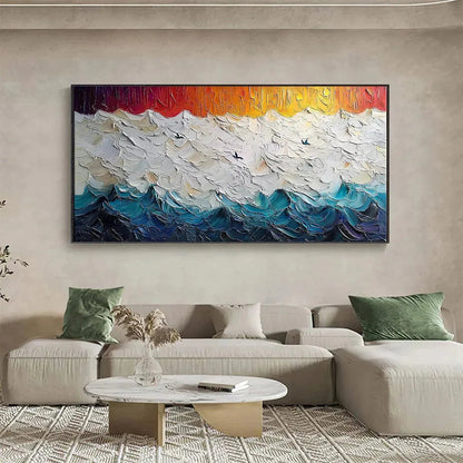 Stormy Skies hand-painted ocean blue, ivory and soft neutral tones textured seascape painting shown as stretched canvas