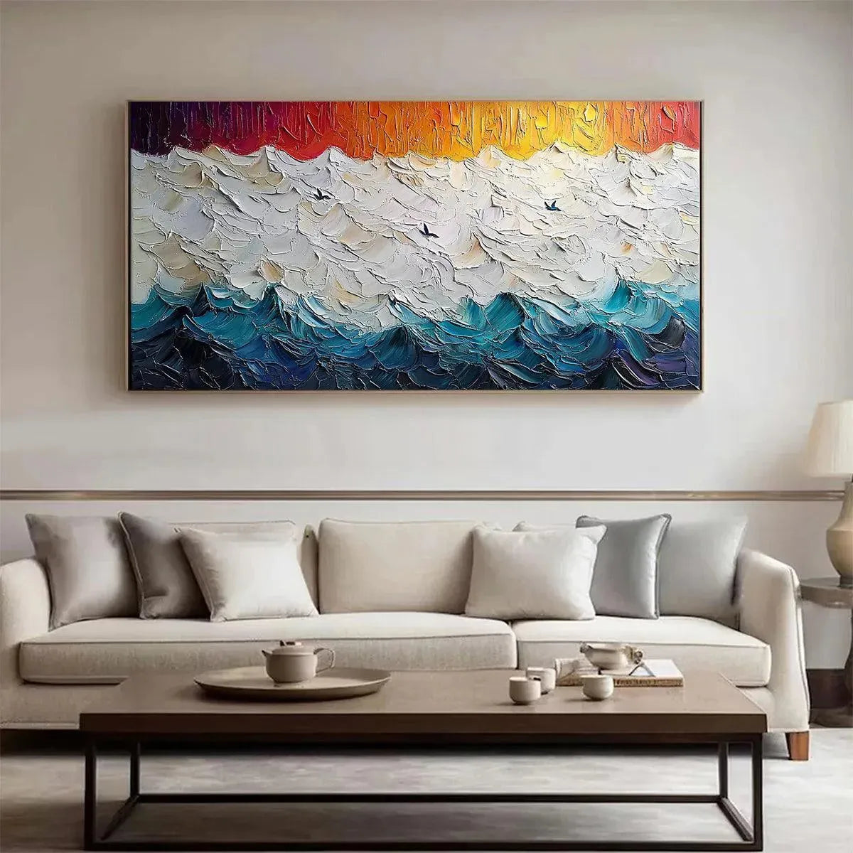 Stormy Skies hand-painted ocean blue, ivory and soft neutral tones textured seascape painting shown with wood frame