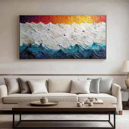 Stormy Skies hand-painted ocean blue, ivory and soft neutral tones textured seascape painting shown with wood frame