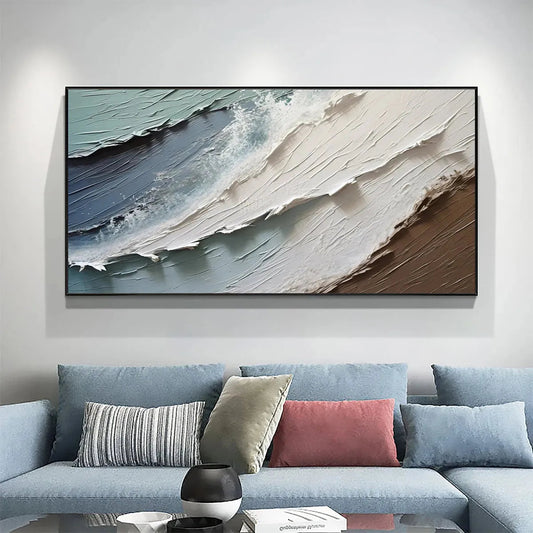 Coastal Textures hand-painted ocean blue, ivory and soft neutral tones textured coastal abstract painting shown as stretched canvas