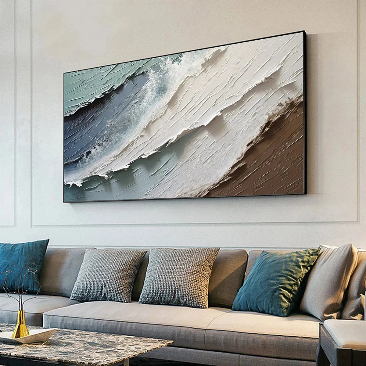 Coastal Textures hand-painted ocean blue, ivory and soft neutral tones textured coastal abstract painting shown with white frame
