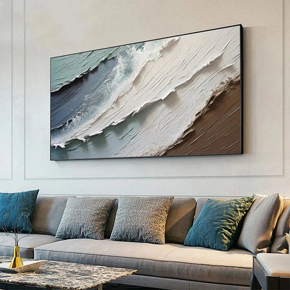 Coastal Textures hand-painted ocean blue, ivory and soft neutral tones textured coastal abstract painting shown with white frame