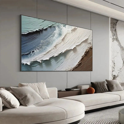 Coastal Textures hand-painted ocean blue, ivory and soft neutral tones textured coastal abstract painting shown with wood frame