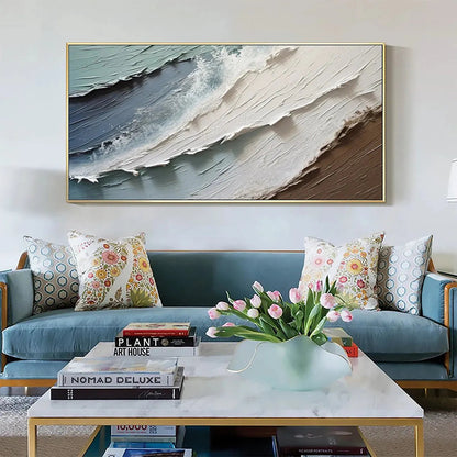 Coastal Textures hand-painted ocean blue, ivory and soft neutral tones textured coastal abstract painting rolled canvas option