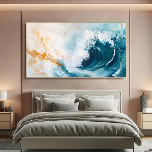 Aquamarine Crest hand-painted ocean blue, ivory and soft neutral tones textured ocean wave painting shown as stretched canvas