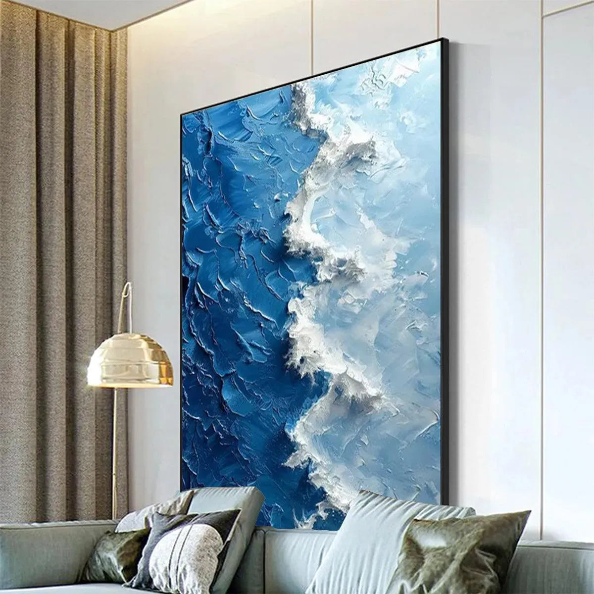 Oceanic Whispers hand-painted ocean blue and ivory textured coastal abstract painting shown with black frame