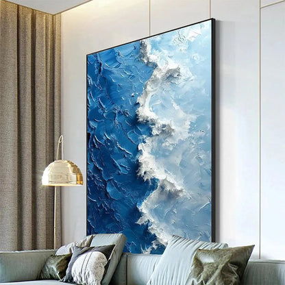 Oceanic Whispers hand-painted ocean blue and ivory textured coastal abstract painting shown with black frame