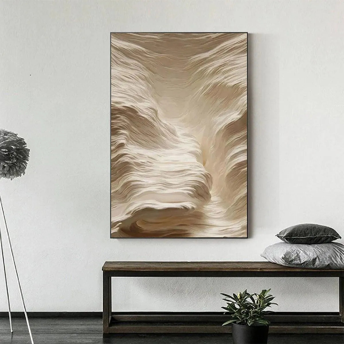 White Sand Dunes hand-painted white and sand textured desert mountain landscape painting shown as stretched canvas