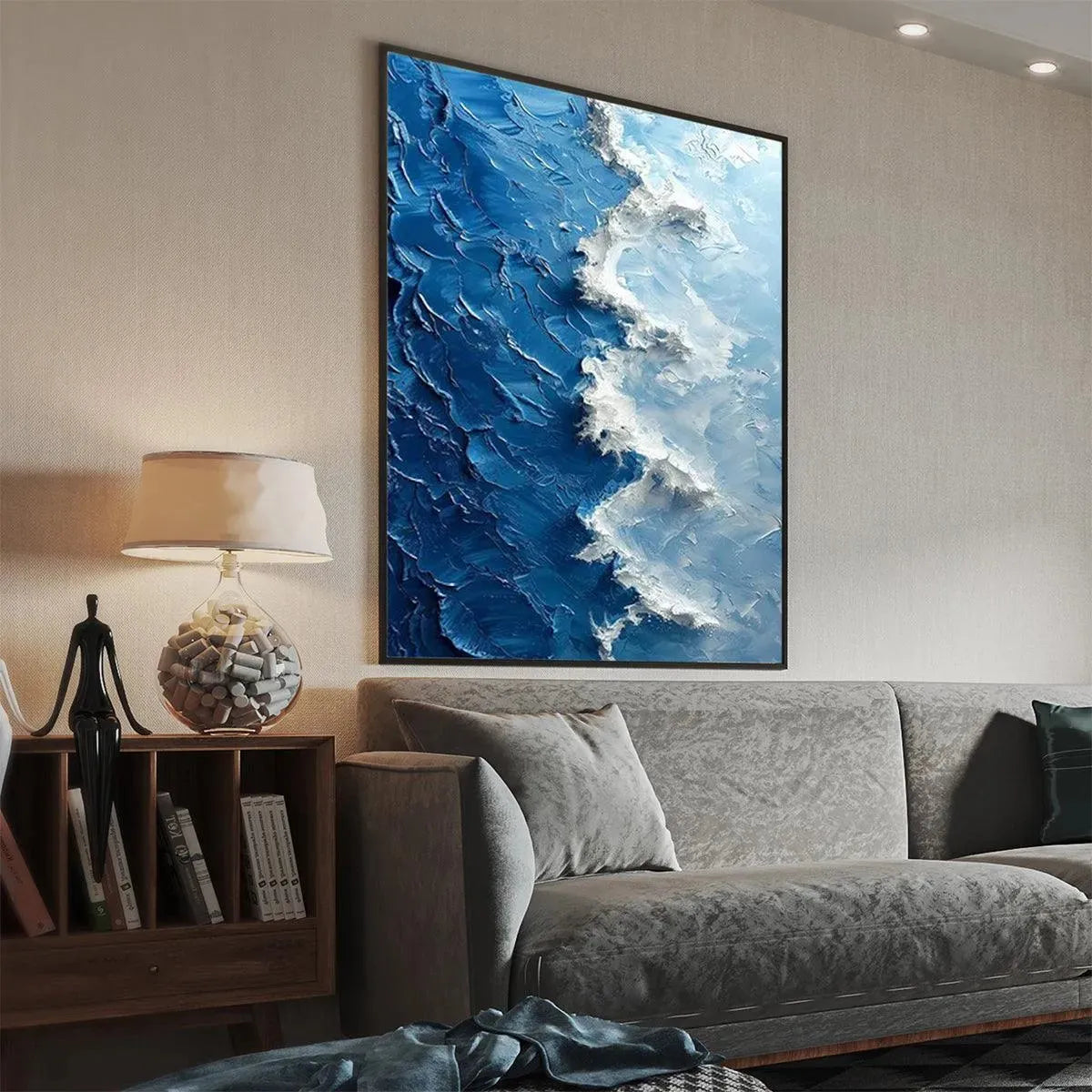 Oceanic Whispers hand-painted ocean blue and ivory textured coastal abstract painting rolled canvas option
