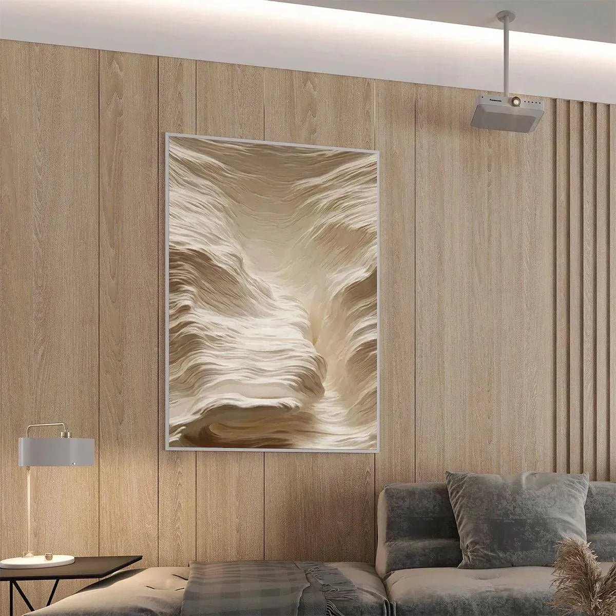 White Sand Dunes hand-painted white and sand textured desert mountain landscape painting shown with black frame