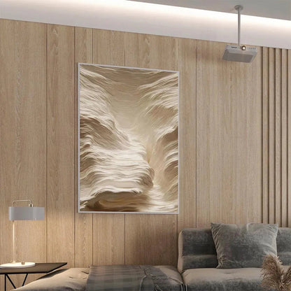 White Sand Dunes hand-painted white and sand textured desert mountain landscape painting shown with black frame