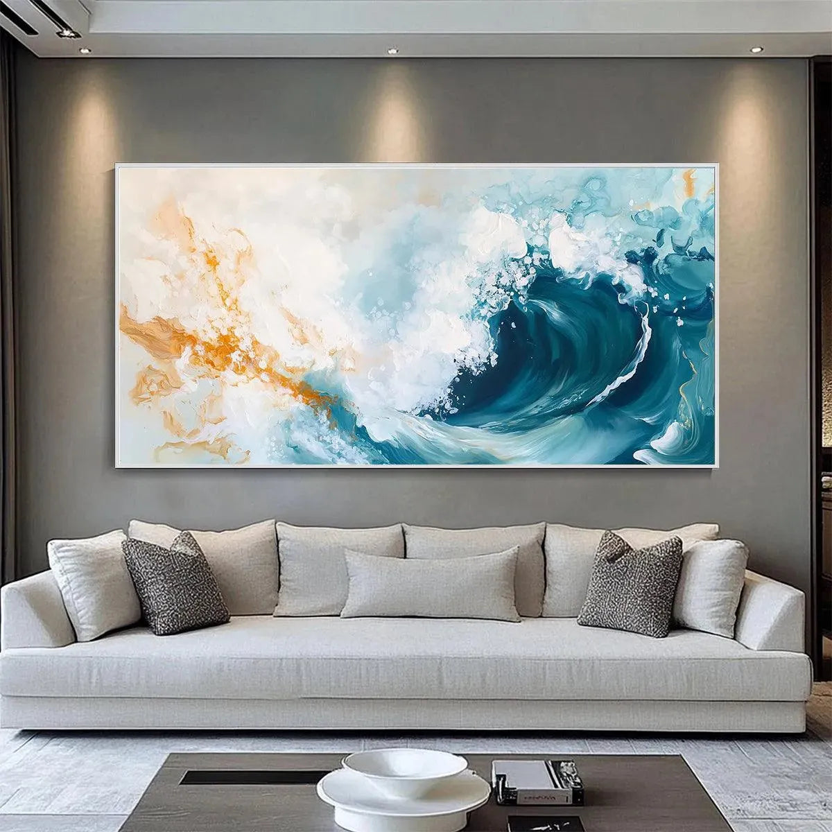 Aquamarine Crest hand-painted ocean blue, ivory and soft neutral tones textured ocean wave painting shown with white frame