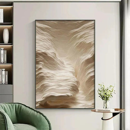 White Sand Dunes hand-painted white and sand textured desert mountain landscape painting shown with gold frame