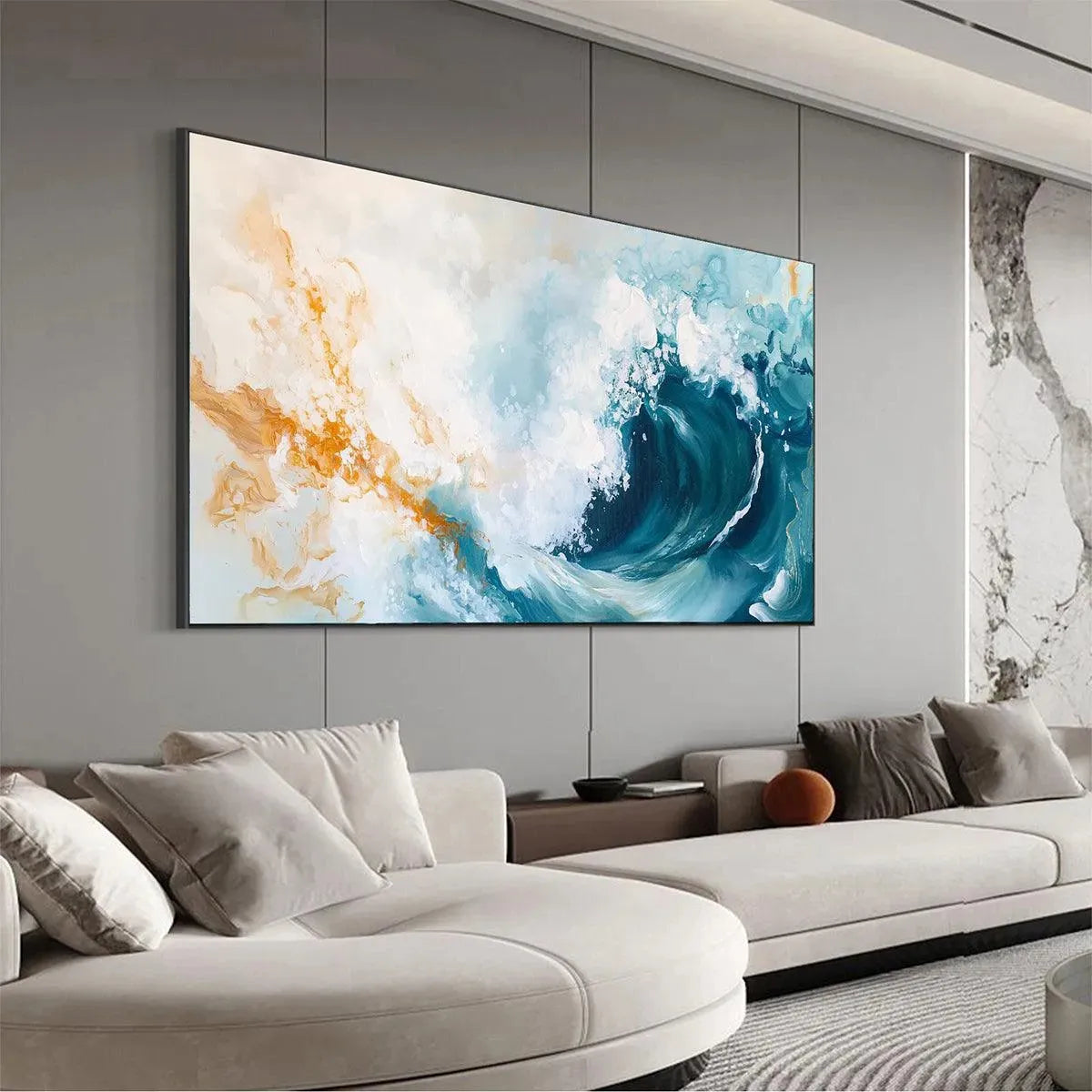 Aquamarine Crest hand-painted ocean blue, ivory and soft neutral tones textured ocean wave painting shown with wood frame