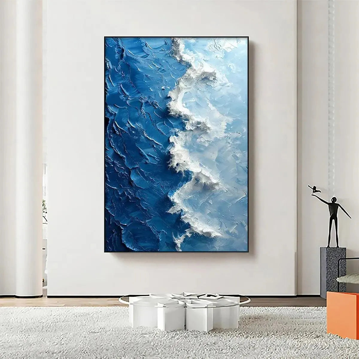 Oceanic Whispers hand-painted ocean blue and ivory textured coastal abstract painting shown as stretched canvas