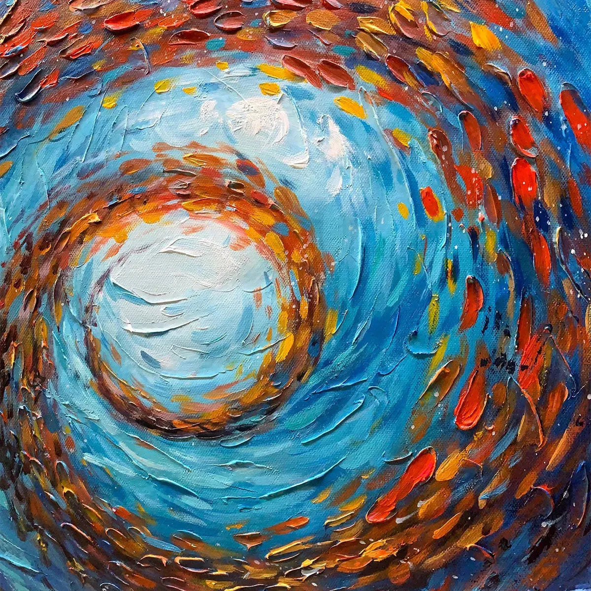 Oceanic Vortex hand-painted ocean blue, ivory and soft neutral tones textured school of fish painting shown with wood frame