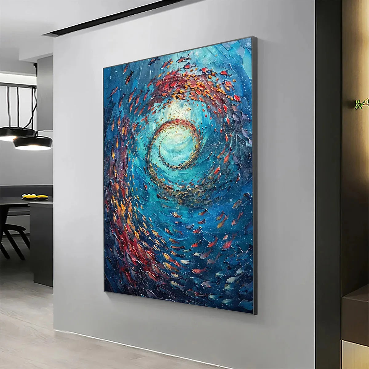 Oceanic Vortex hand-painted ocean blue, ivory and soft neutral tones textured school of fish painting shown as stretched canvas