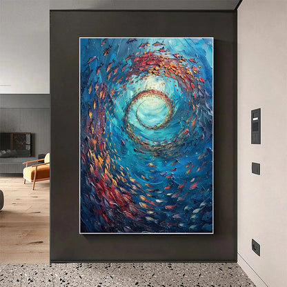 Oceanic Vortex hand-painted ocean blue, ivory and soft neutral tones textured school of fish painting shown with white frame