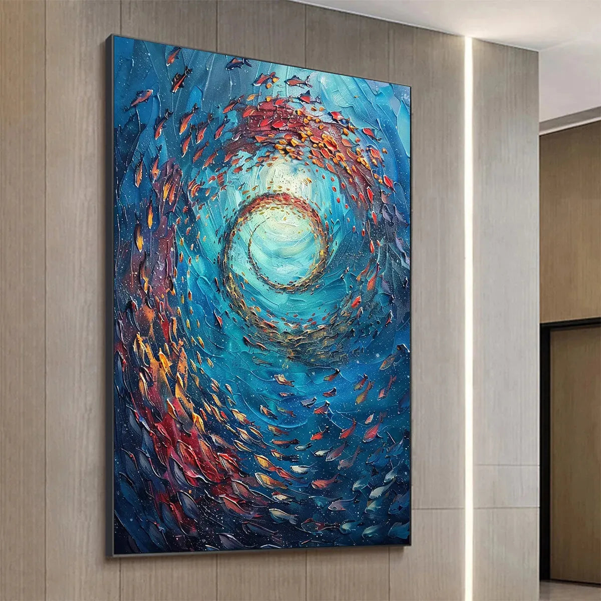Oceanic Vortex hand-painted ocean blue, ivory and soft neutral tones textured school of fish painting shown with black frame