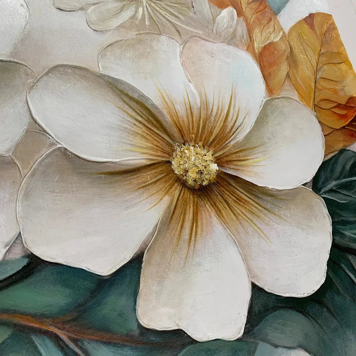 Green and Gold Magnolia Textured Painting – White Magnolias