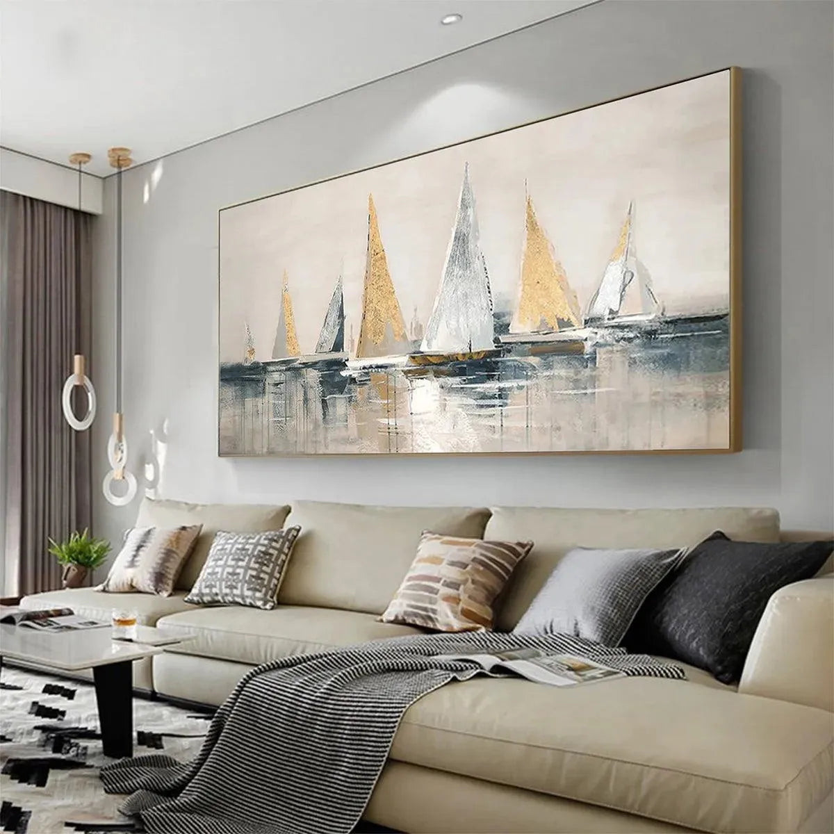 Golden Sailboats hand-painted white, ocean blue and gold textured sailboat seascape painting shown with silver frame